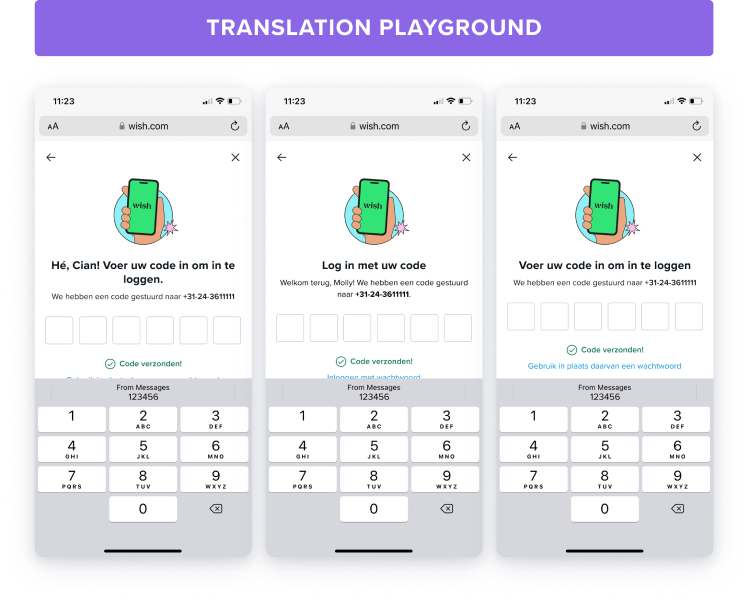 Three Dutch versions of the code entry screen side by side