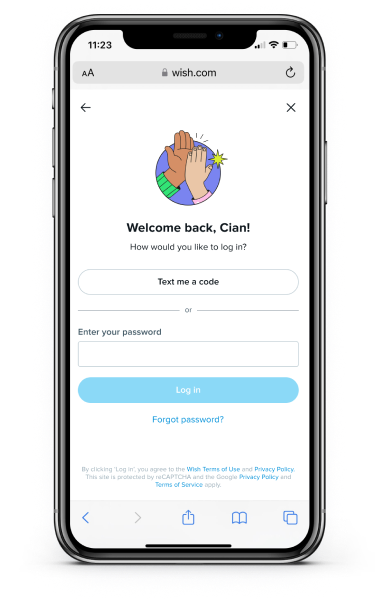 Wish passwordless sign-in screen on a phone