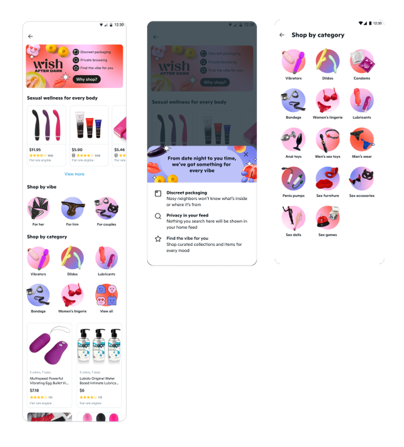 Wish After Dark landing page, trust-signal sheet, and shop-by-category screens